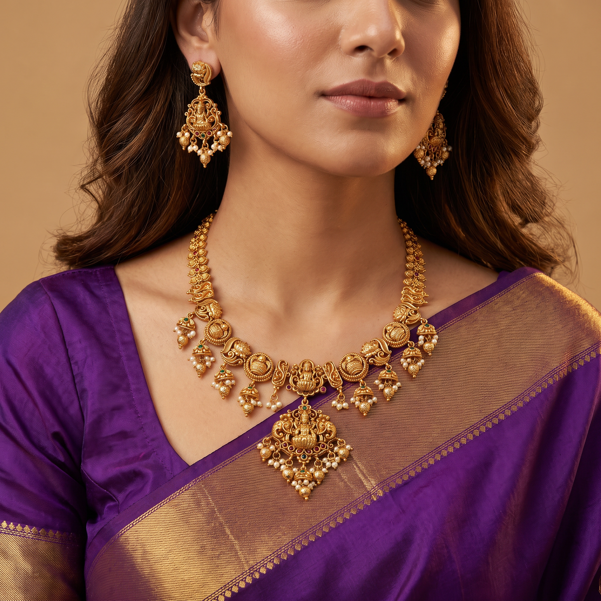 Antique Necklace with Lakshmi pendant and ornate floral craftsmanship