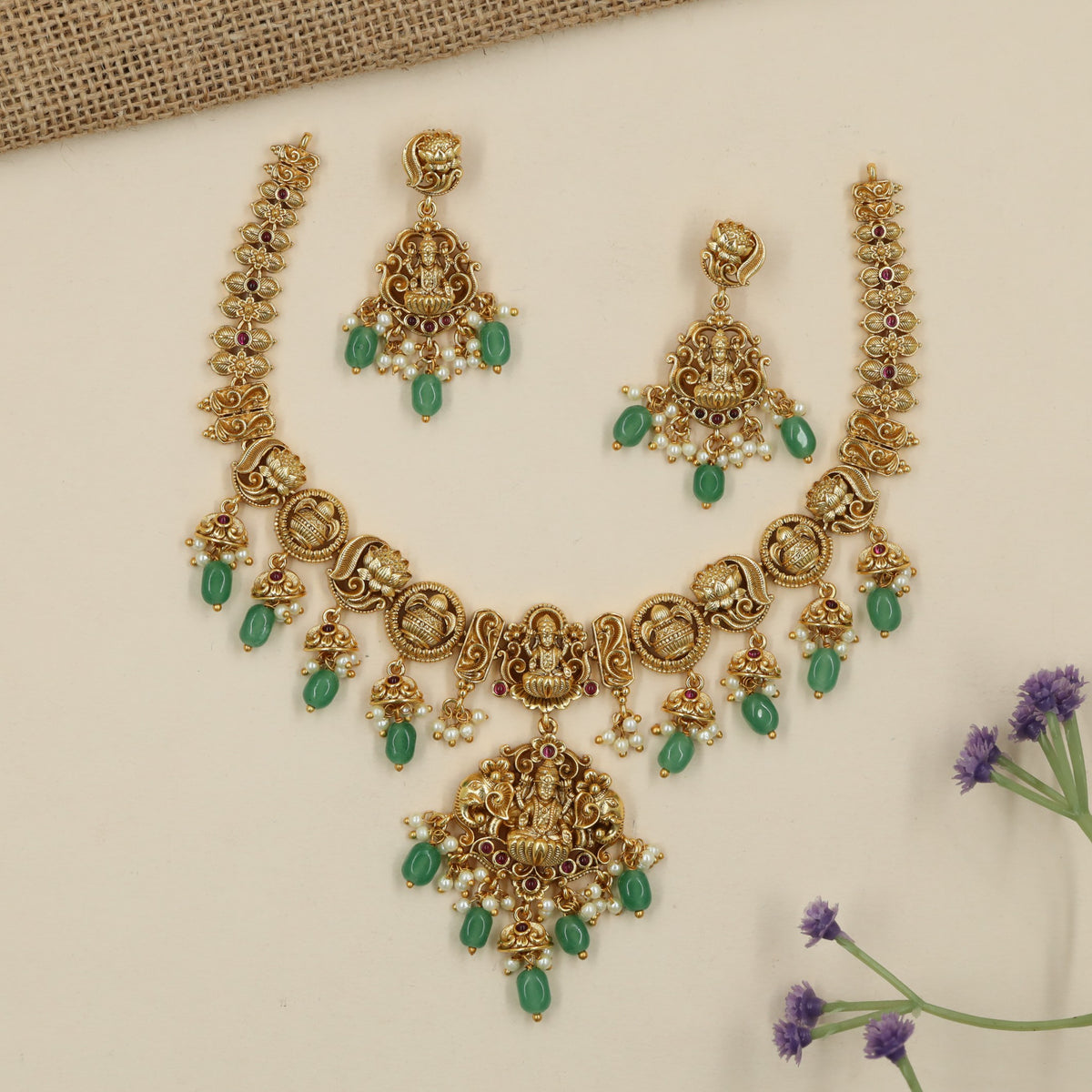 Antique Necklace with Lakshmi pendant and ornate floral craftsmanship