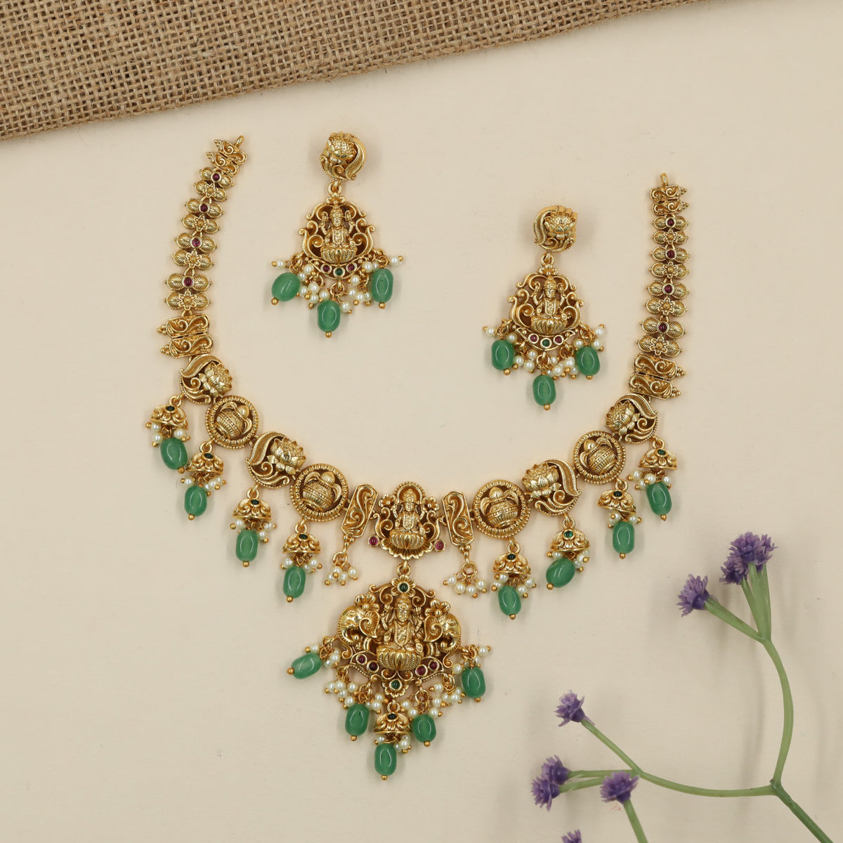 Antique Necklace with Lakshmi pendant and ornate floral craftsmanship
