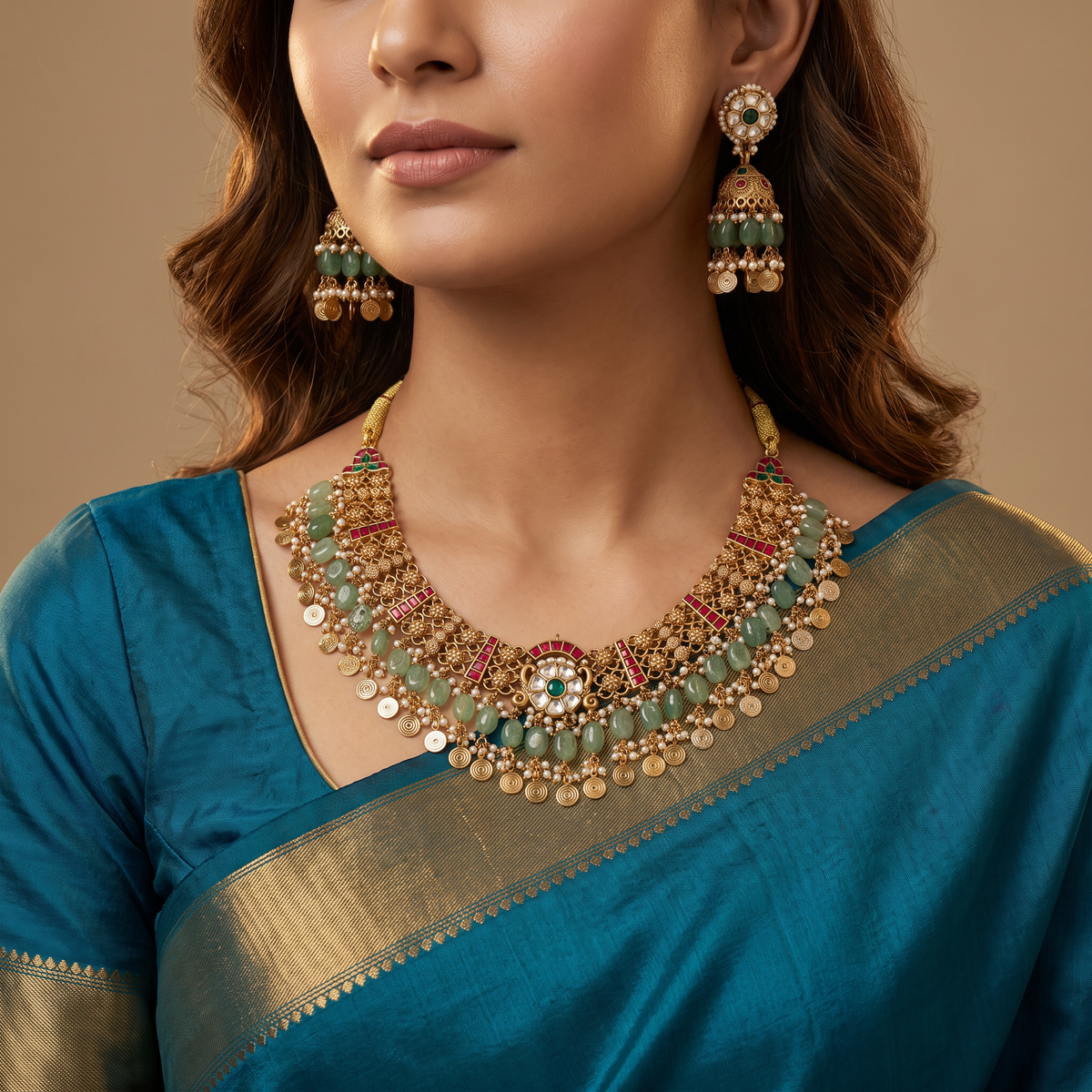 Grand Floral Jadau Necklace Set with Fringe