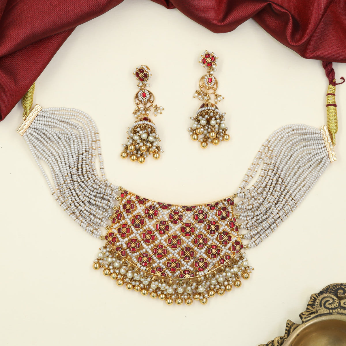 Jadau Beads Choker combining fine bead strands with sculpted flower clusters