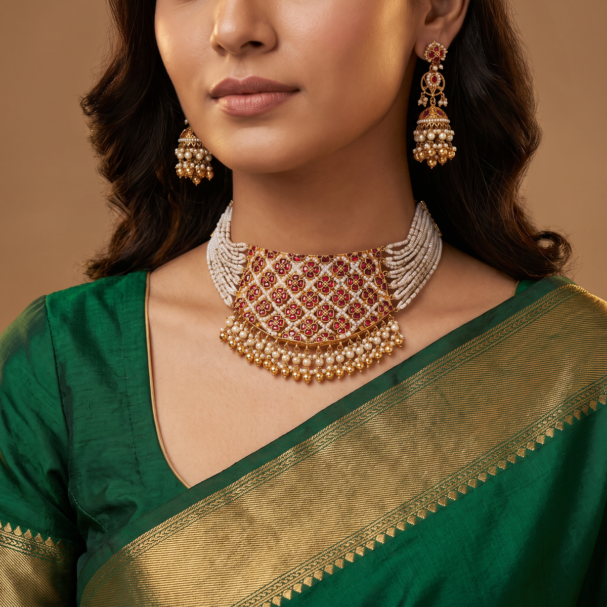 Clustered Floral Jadau Beads Choker Set