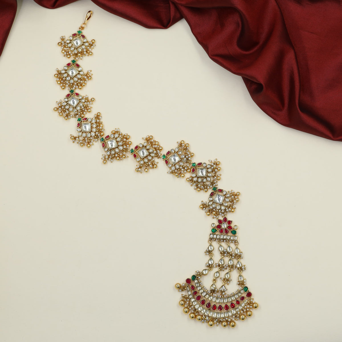 Jadau Long Jade with floral crest and chandelier pendant