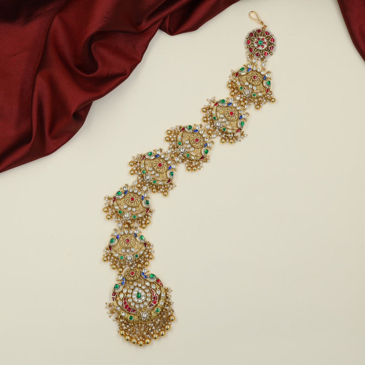 Premium Jadau Long Jade with intricate peacock sections and an elaborate pendant