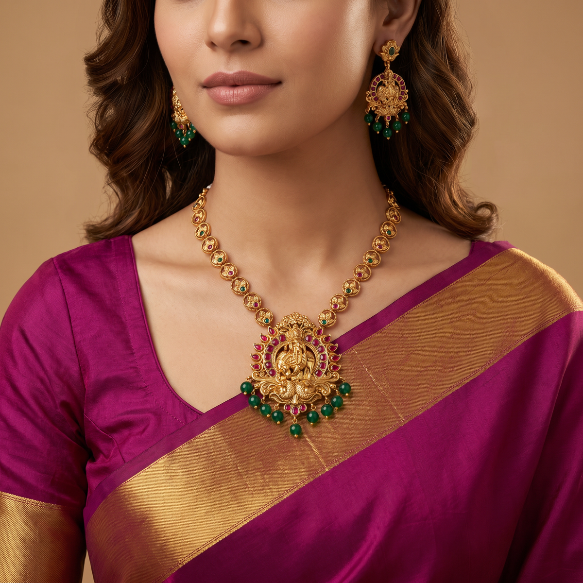 A heritage-inspired Antique Necklace showcasing Krishna and peacock detailing