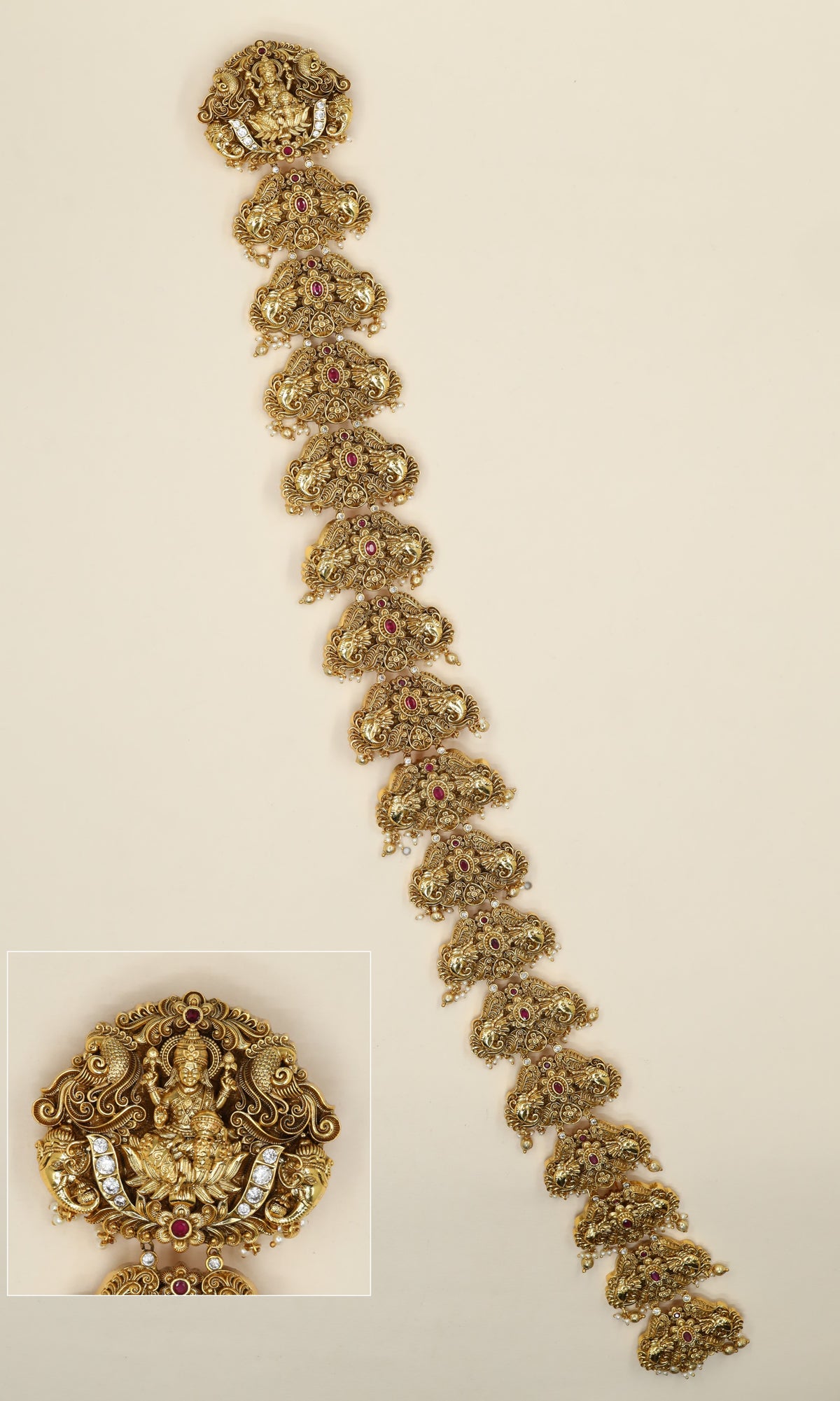 Sacred elegance in an Antique Long Jade with Lakshmi artistry