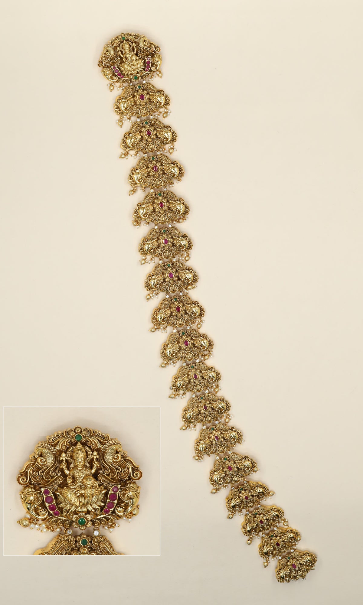 Sacred elegance in an Antique Long Jade with Lakshmi artistry