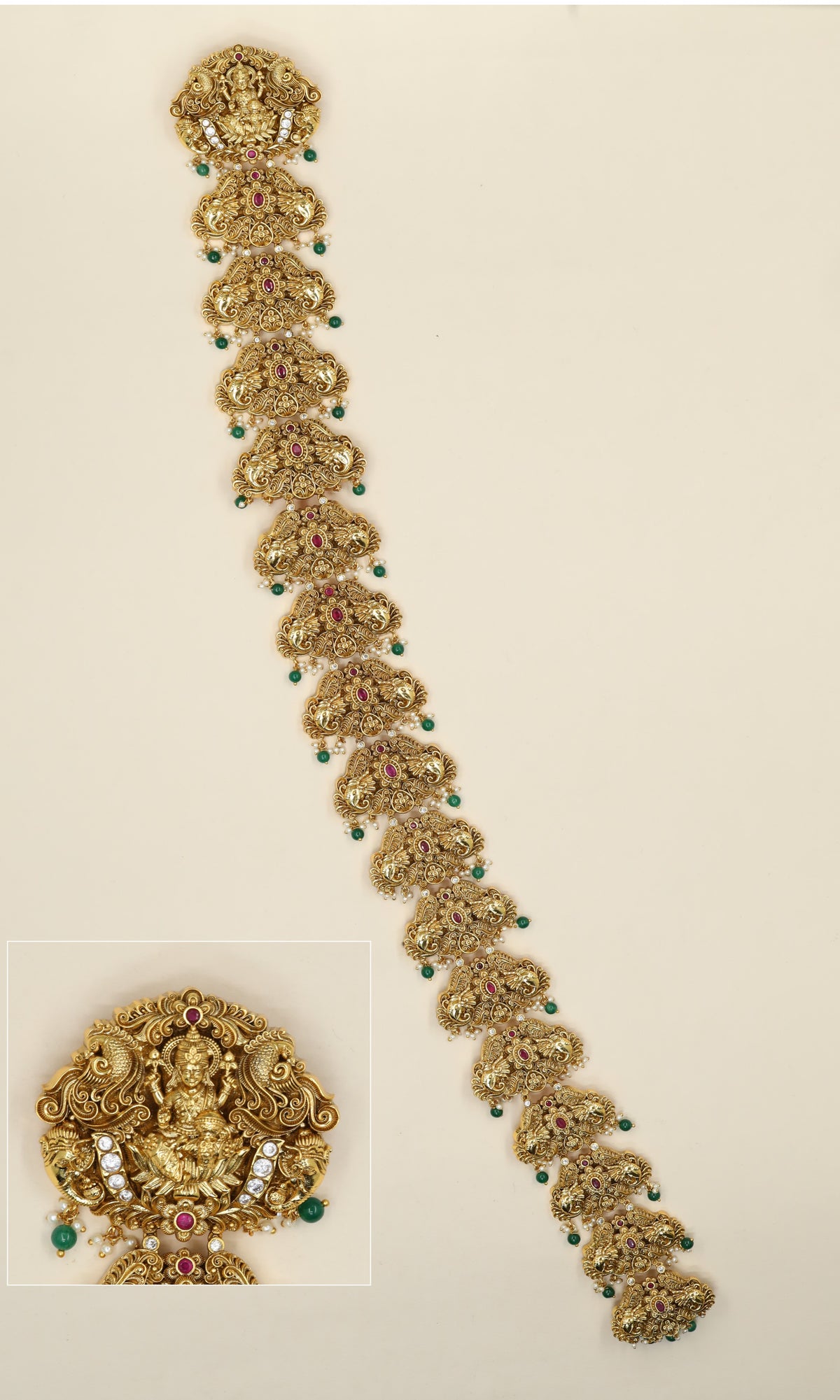 Sacred elegance in an Antique Long Jade with Lakshmi artistry