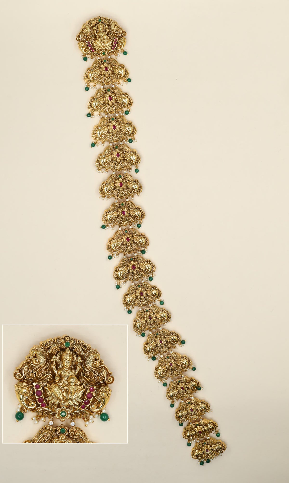 Sacred elegance in an Antique Long Jade with Lakshmi artistry