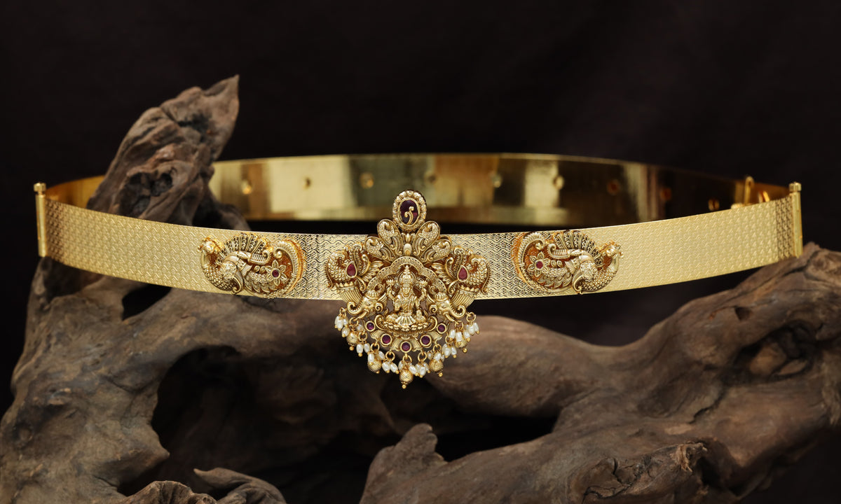 Antique Dabu waist belt with Lakshmi, peacock and ornate temple detailing