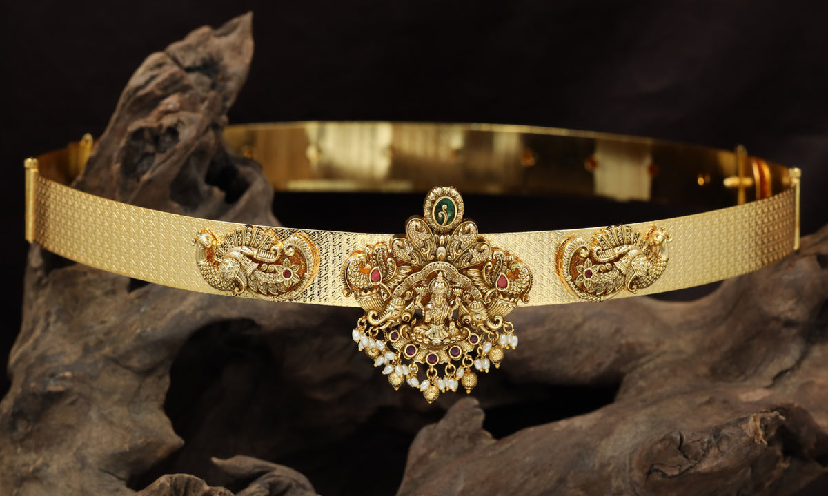 Antique Dabu waist belt with Lakshmi, peacock and ornate temple detailing