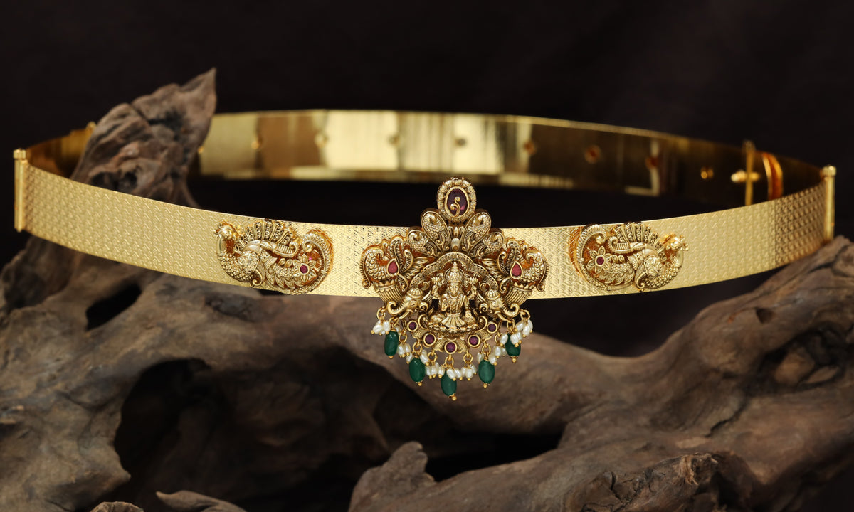 Antique Dabu waist belt with Lakshmi, peacock and ornate temple detailing