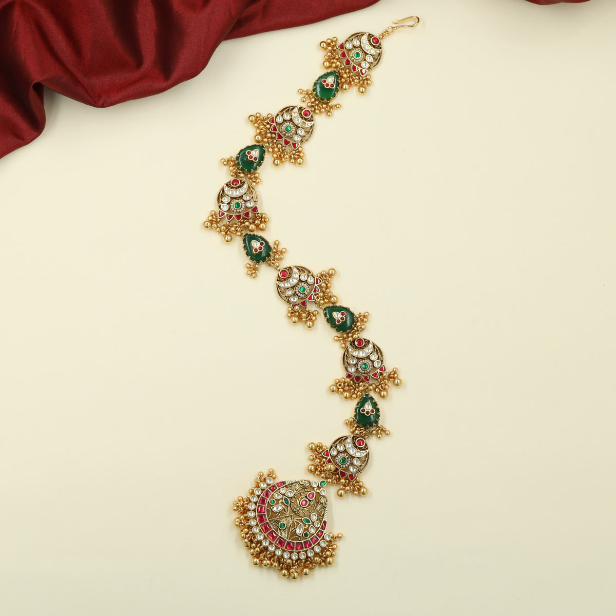 Jadau Long Jades with Floral Cluster Elements and Ornamental Teardrop Links