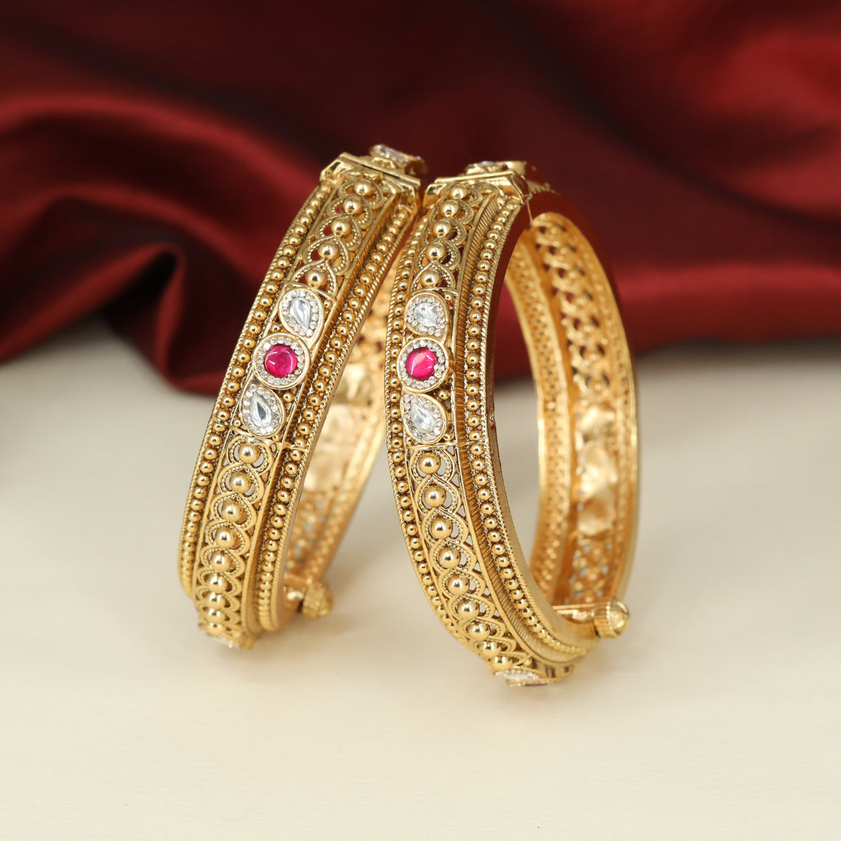 Traditional Antique Bangless with Sculpted Leafwork and Teardrop Settings