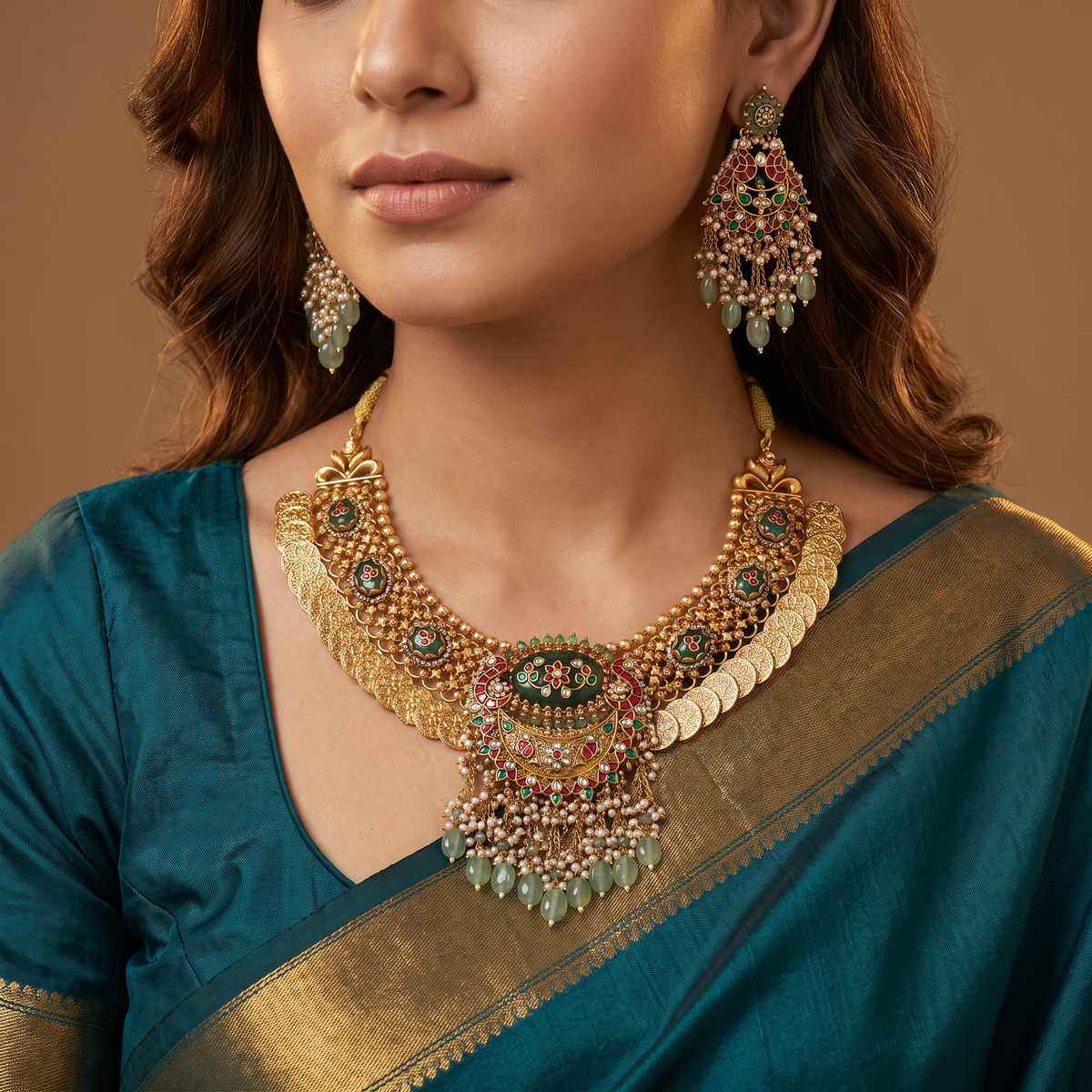 Floral Coin Jadau Necklace Set with Cascading Pendant