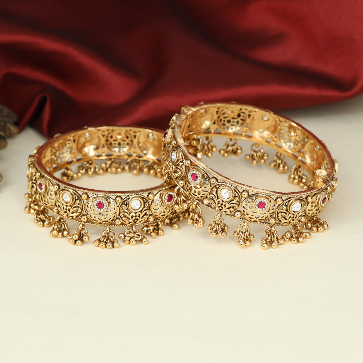 Detailed Antique Bangless with Circular Accent Settings and Openwork Borders