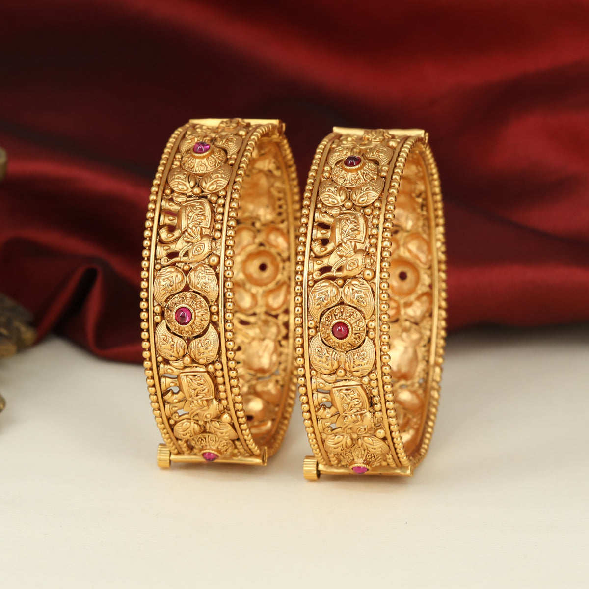 Antique Bangless with Elephant Panels and Intricate Floral Detailing