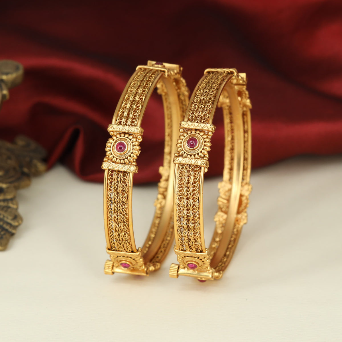 Classic Antique Bangless with Textured Filigree Bands and Decorative Centres