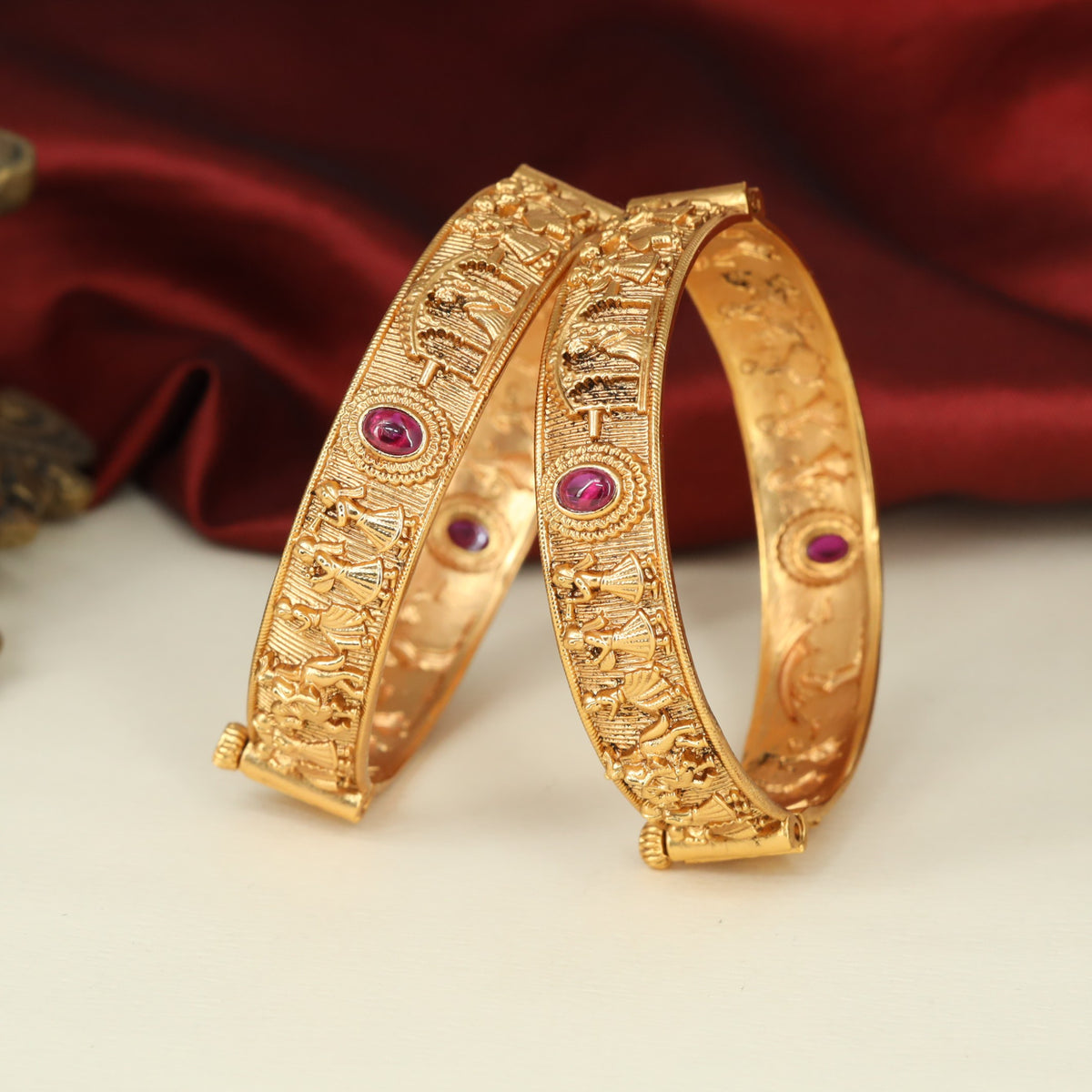 Antique Bangless with Engraved Figure Panels and Ornamental Circular Accents