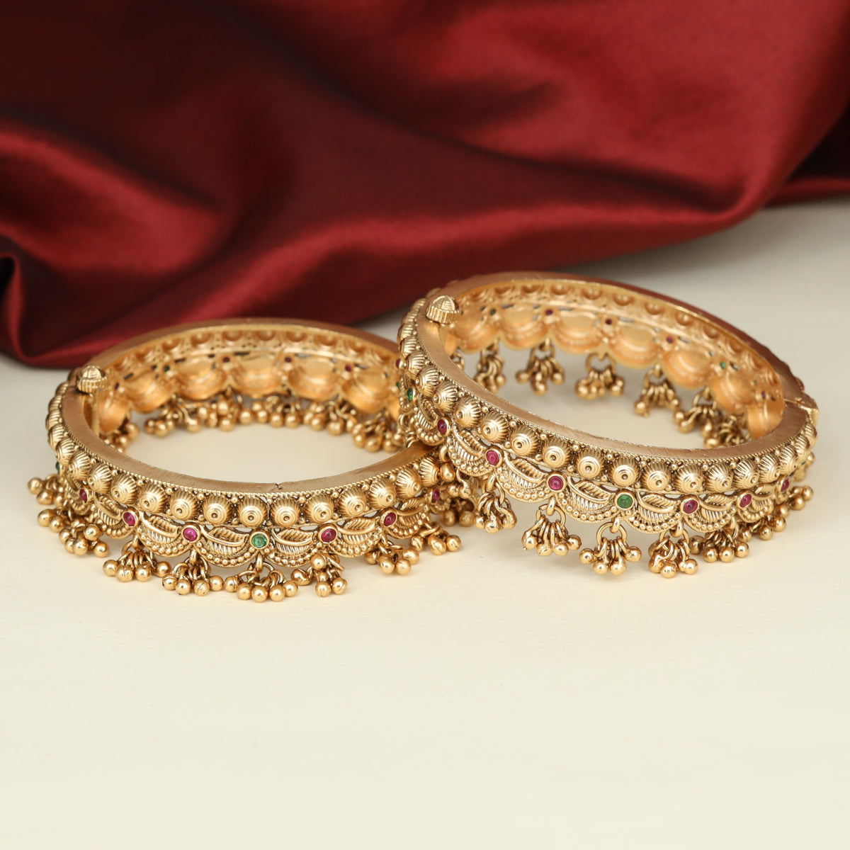 Antique Bangless with Scalloped Hanging Beads and Ornamental Leaf Work