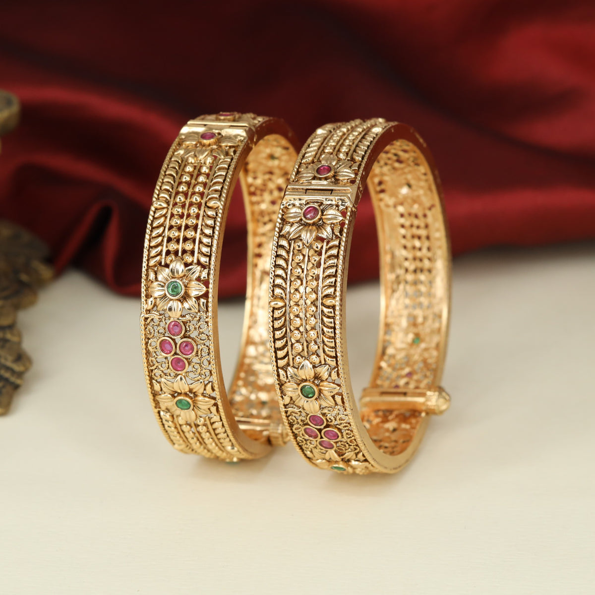 Antique Bangless with Detailed Flower Motifs and Granulated Side Borders