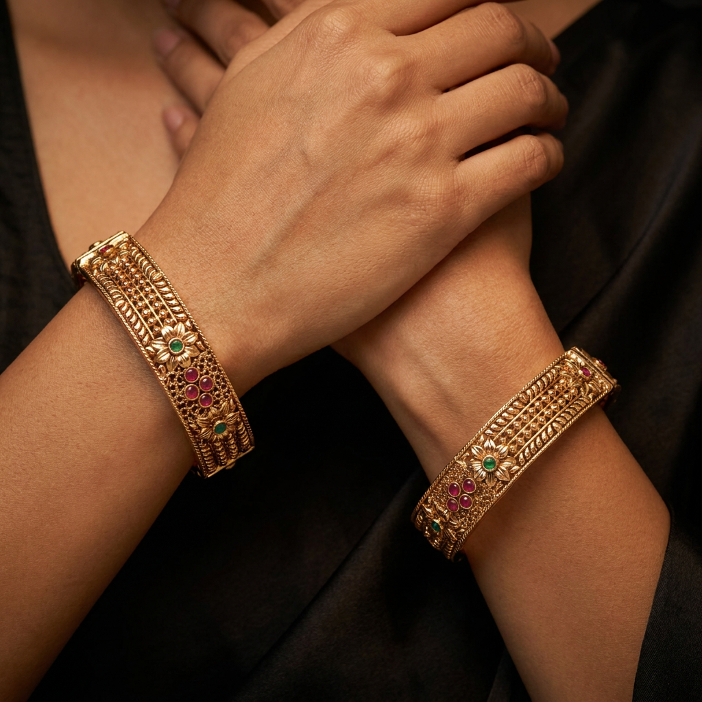 Floral Cluster Antique Bangles with Granulated Borders