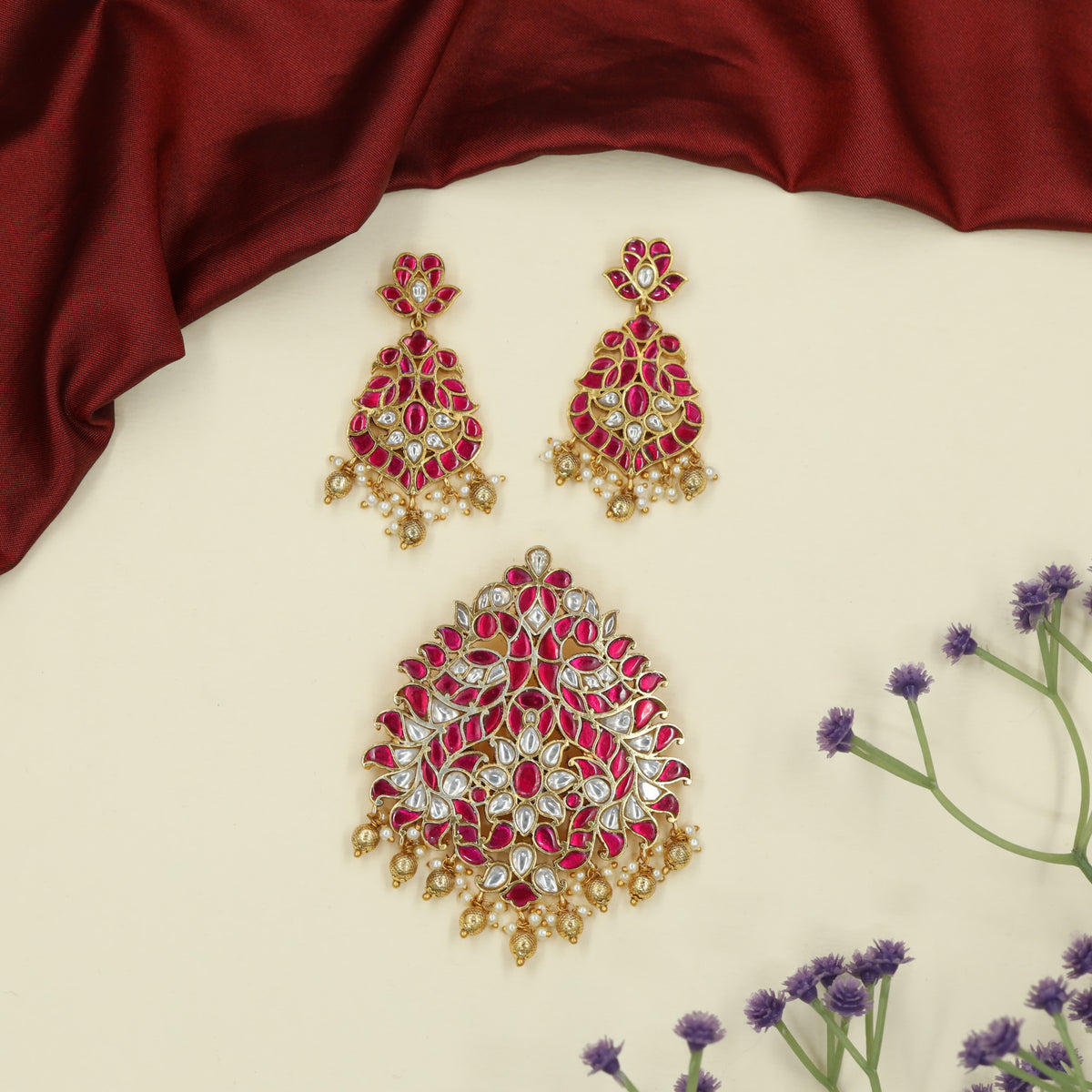 Grand Jadau Pendant Sets with Peacock Work and Elaborate Floral Ornamentation