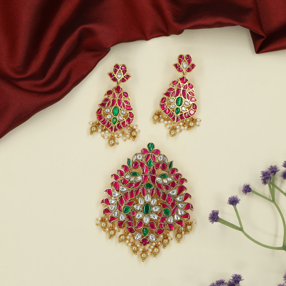 Grand Jadau Pendant Sets with Peacock Work and Elaborate Floral Ornamentation