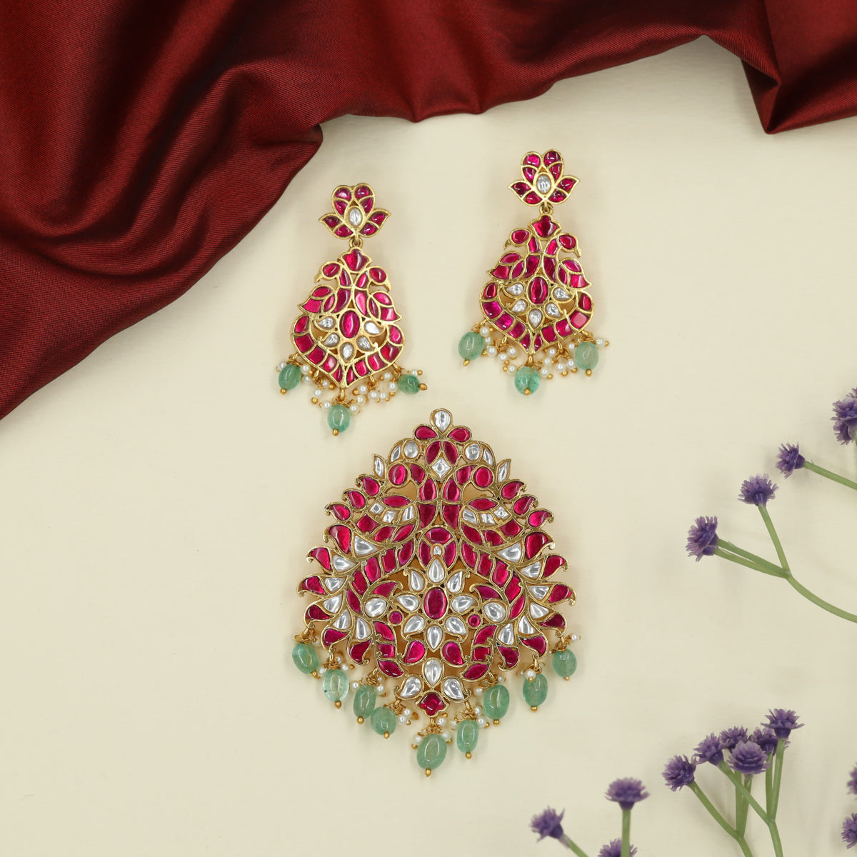 Grand Jadau Pendant Sets with Peacock Work and Elaborate Floral Ornamentation
