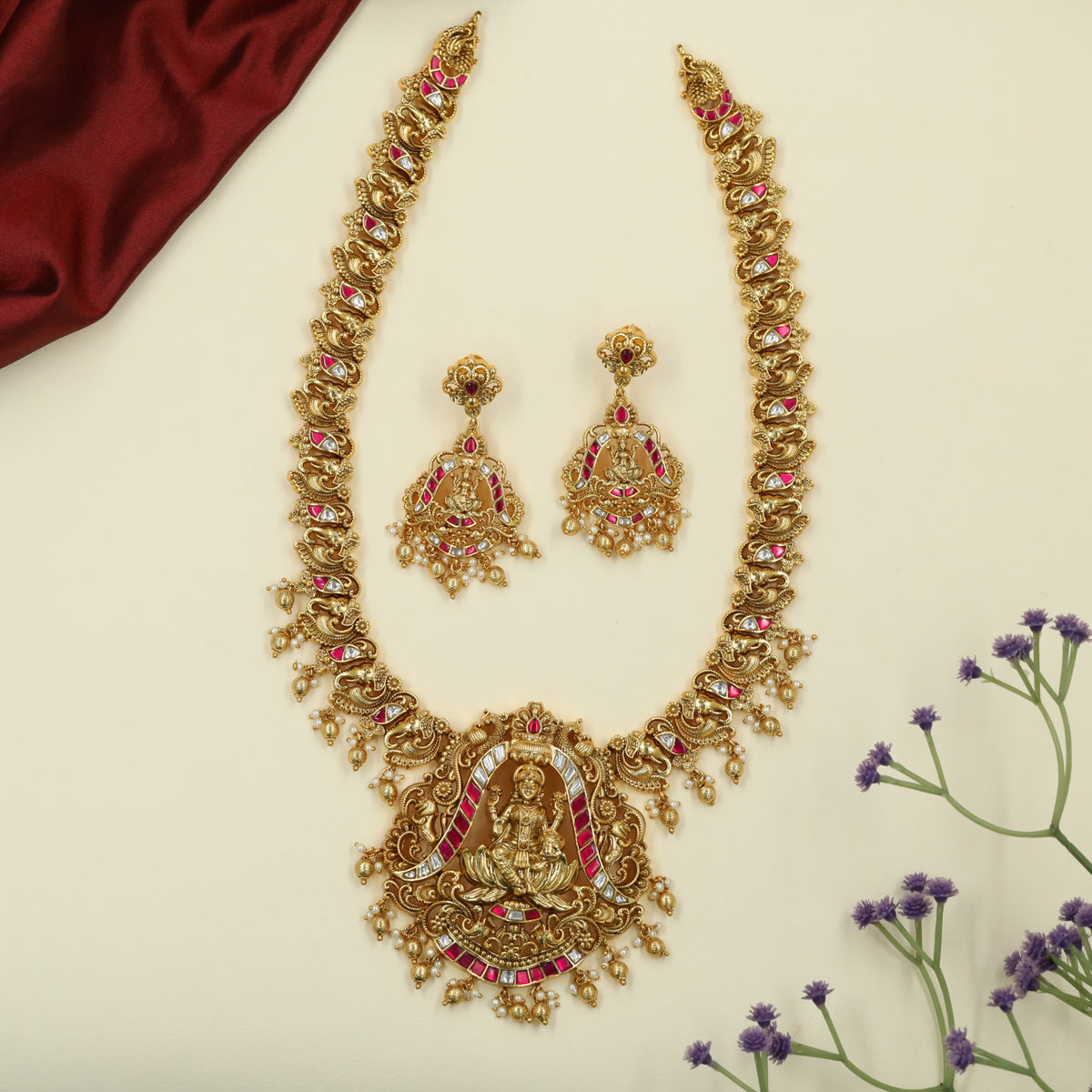 Lakshmi Jadau Long Haara with Repeating Floral Panels and Fine Hanging Details