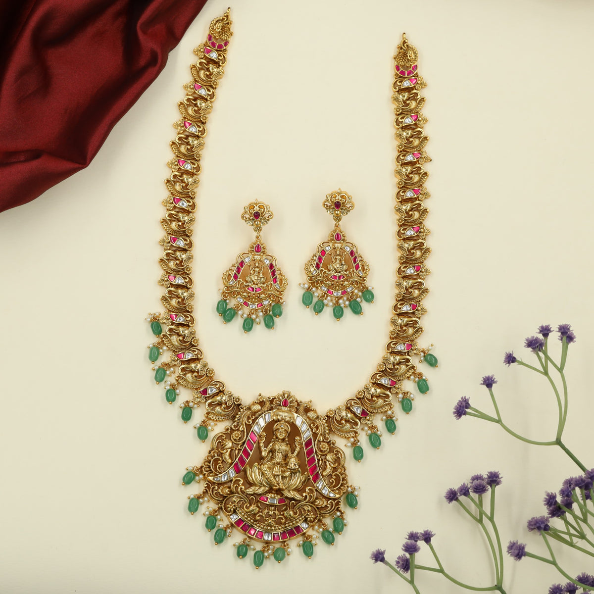 Lakshmi Jadau Long Haara with Repeating Floral Panels and Fine Hanging Details