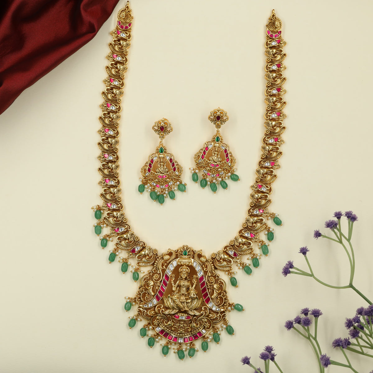 Lakshmi Jadau Long Haara with Repeating Floral Panels and Fine Hanging Details