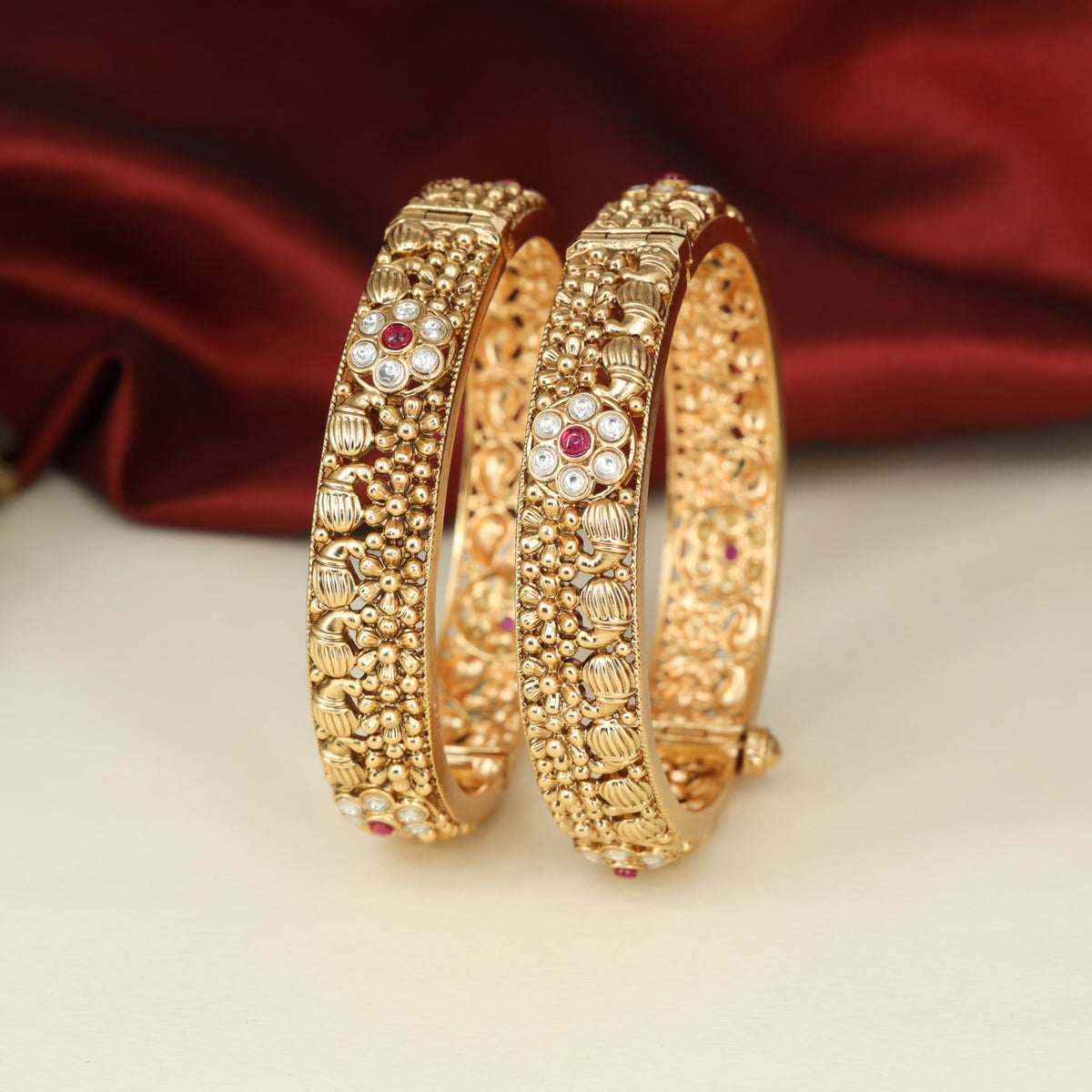 Richly Detailed Antique Bangless with Floral Clusters and Fluted Beadwork