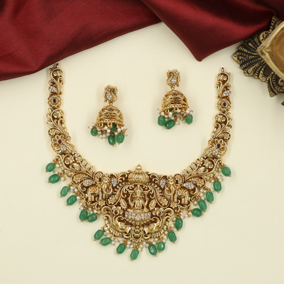 Antique Necklace with Lakshmi Centre and Sculpted Elephant Details