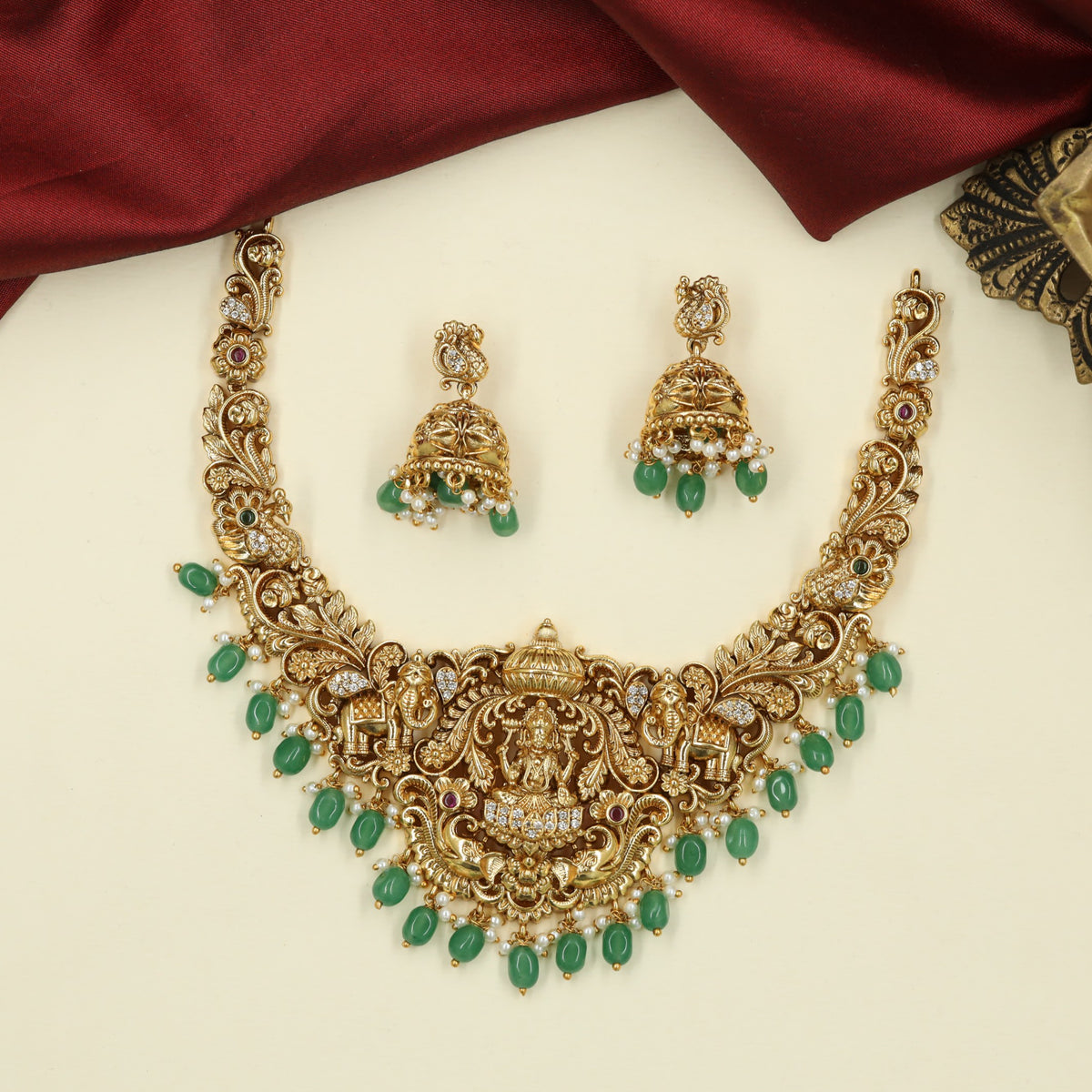 Antique Necklace with Lakshmi Centre and Sculpted Elephant Details
