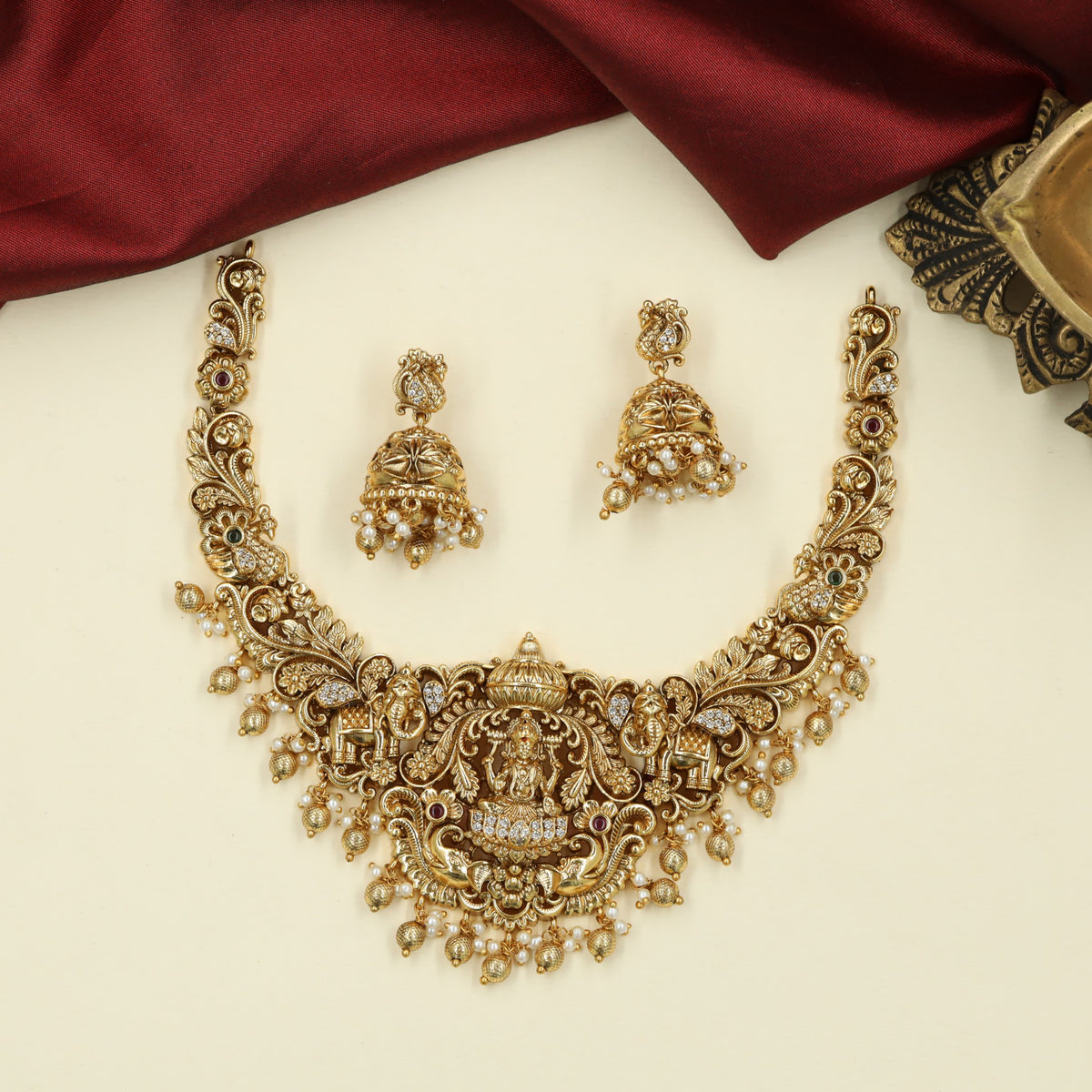 Antique Necklace with Lakshmi Centre and Sculpted Elephant Details