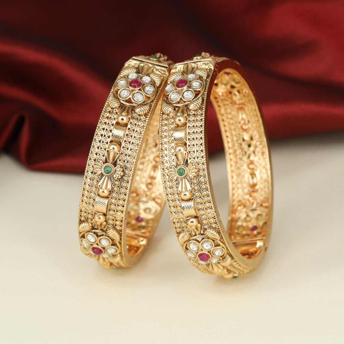 Traditional Antique Bangless with Fine Granulated Texture and Floral Panels