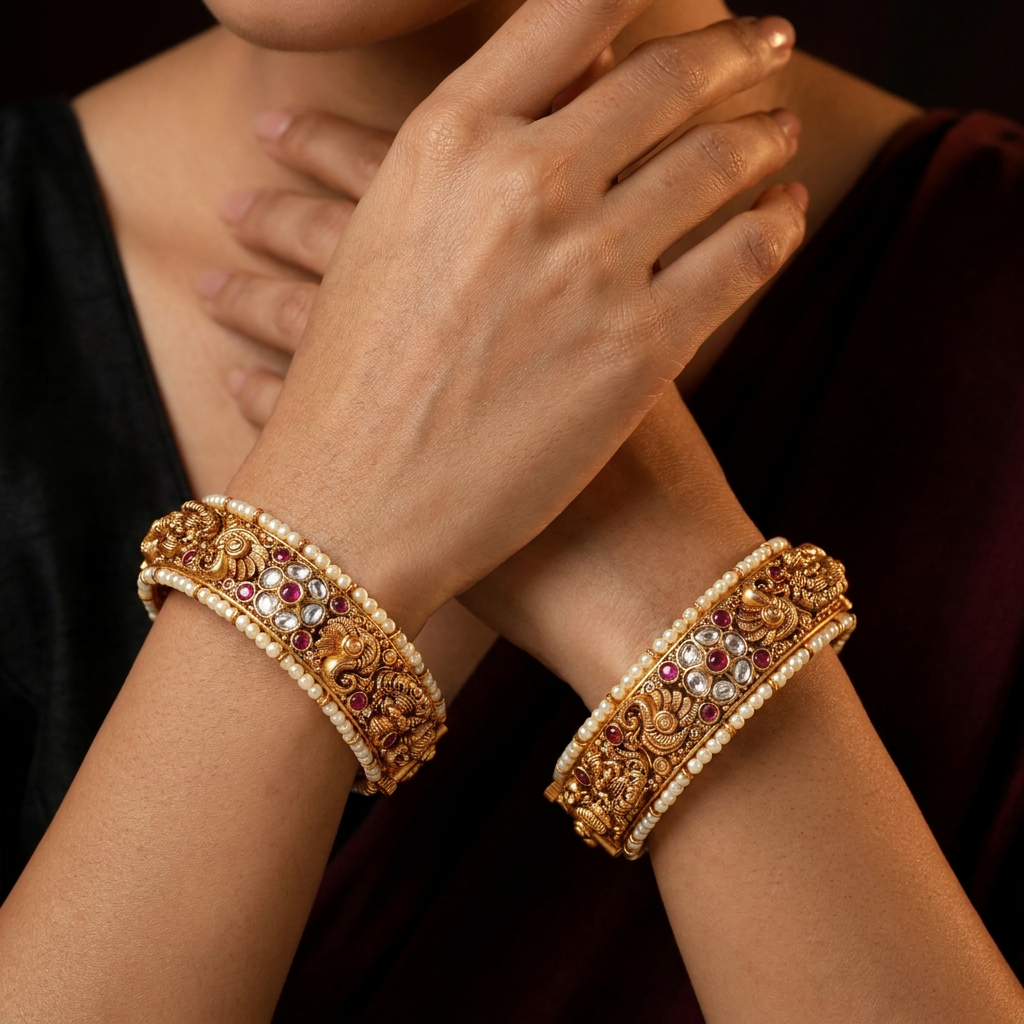 Deity Panel Antique Bangles with Floral Scrollwork
