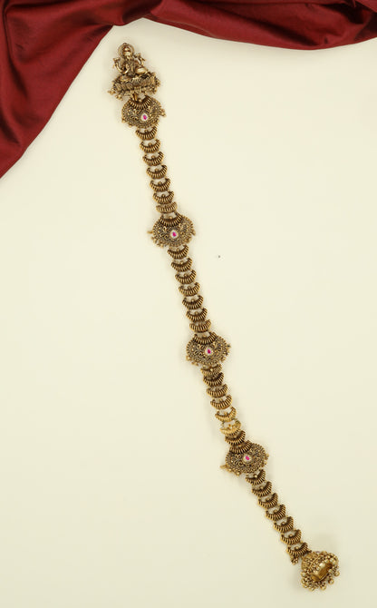 Antique Long Jade with Sculpted Lakshmi Work and Closely Linked Ornamental Sections
