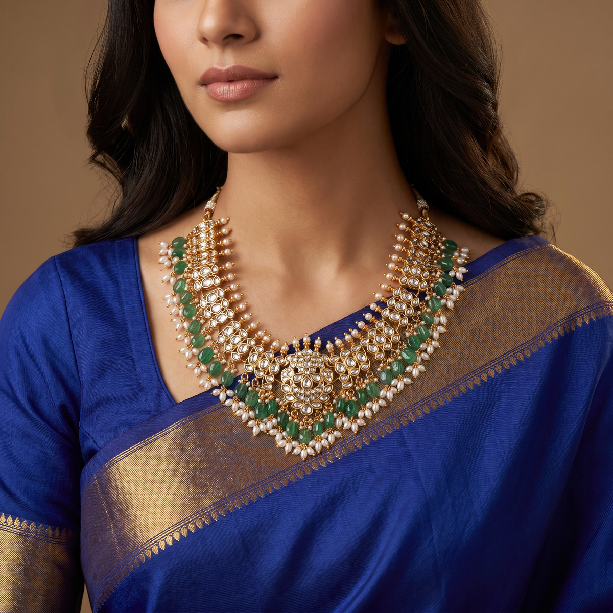 Floral Medallion Jadau Necklace with Layered Pearl Drops
