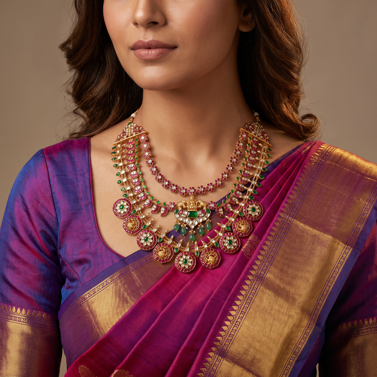 Disc Medallion Jadau Necklace with Sculpted Pendant