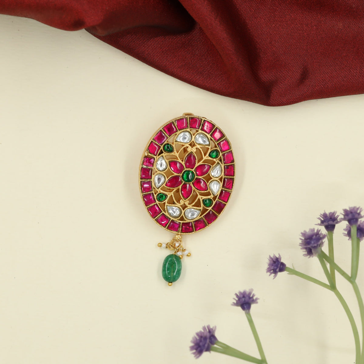 Oval Jadau Pendant with Radiant Petal Arrangement and Hanging Drop