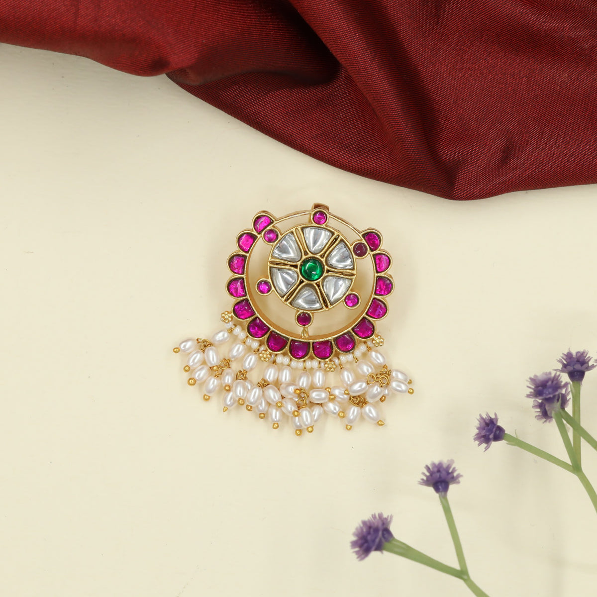 Jadau Pendant with Circular Floral Arrangement and Pearl Fringe