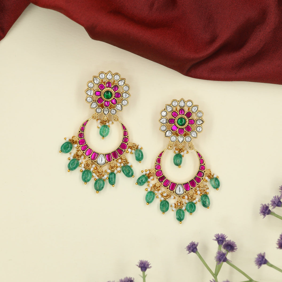 Jadau Hangings with Repeating Petal Details and Ornamental Beaded Clusters