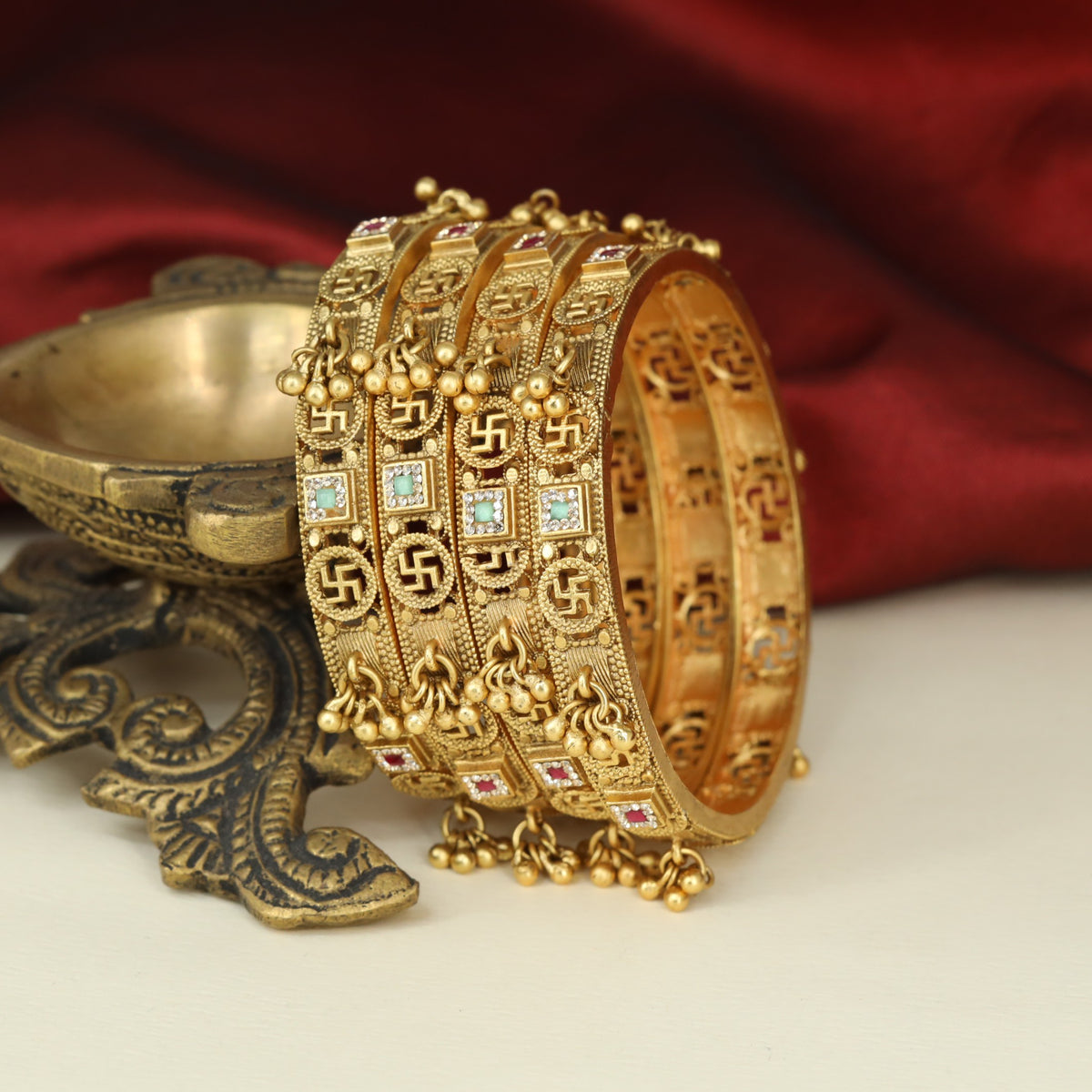 Heritage Antique Bangless with Ornamental Swastika Patterns and Square Accents