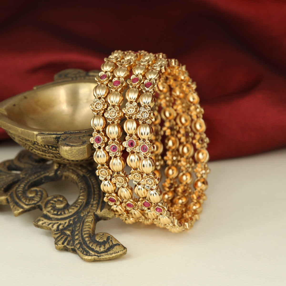 Signature Antique Bangless with Ribbed Beads and Repeating Floral Elements