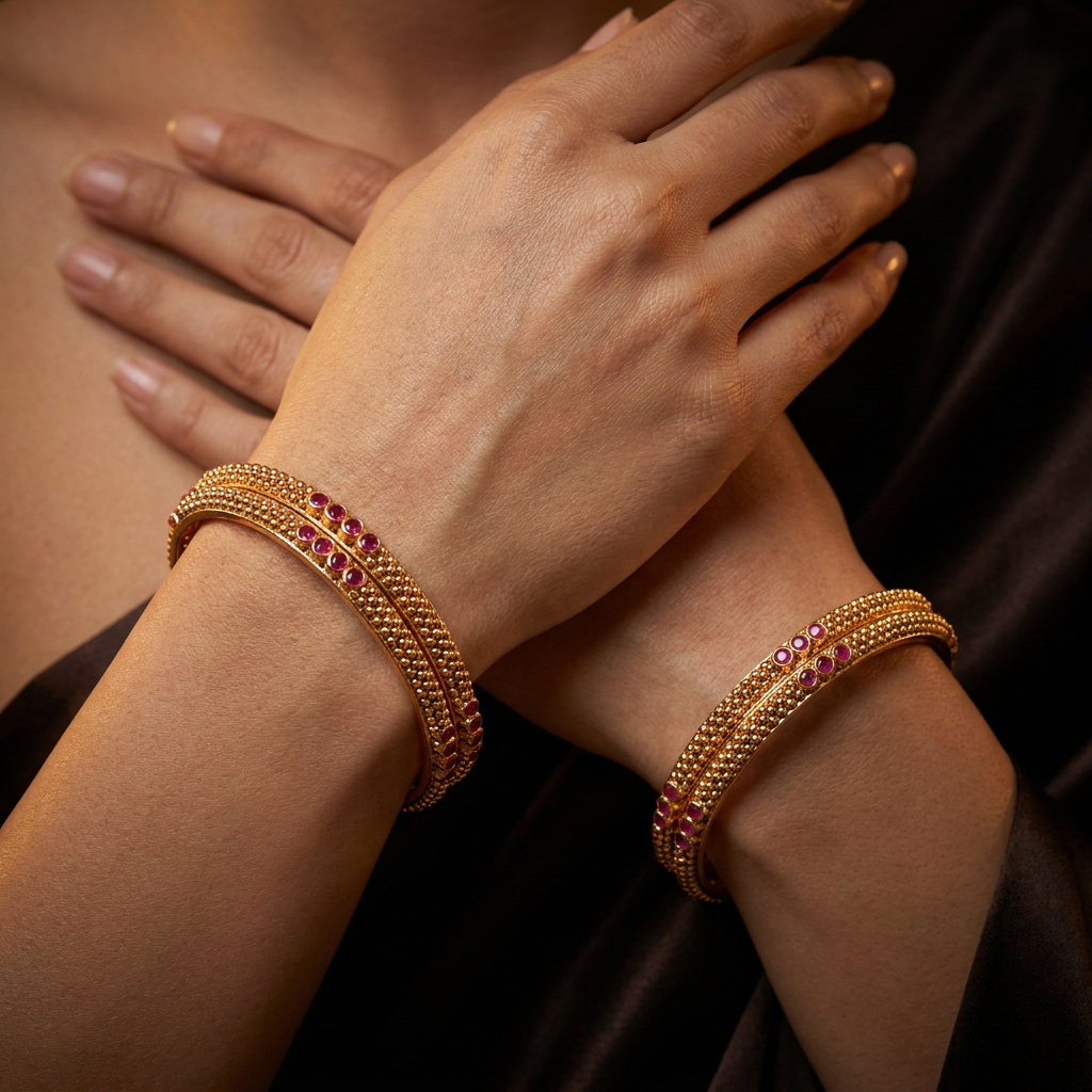 Granulated Antique Bangles with Oval Stone Accents