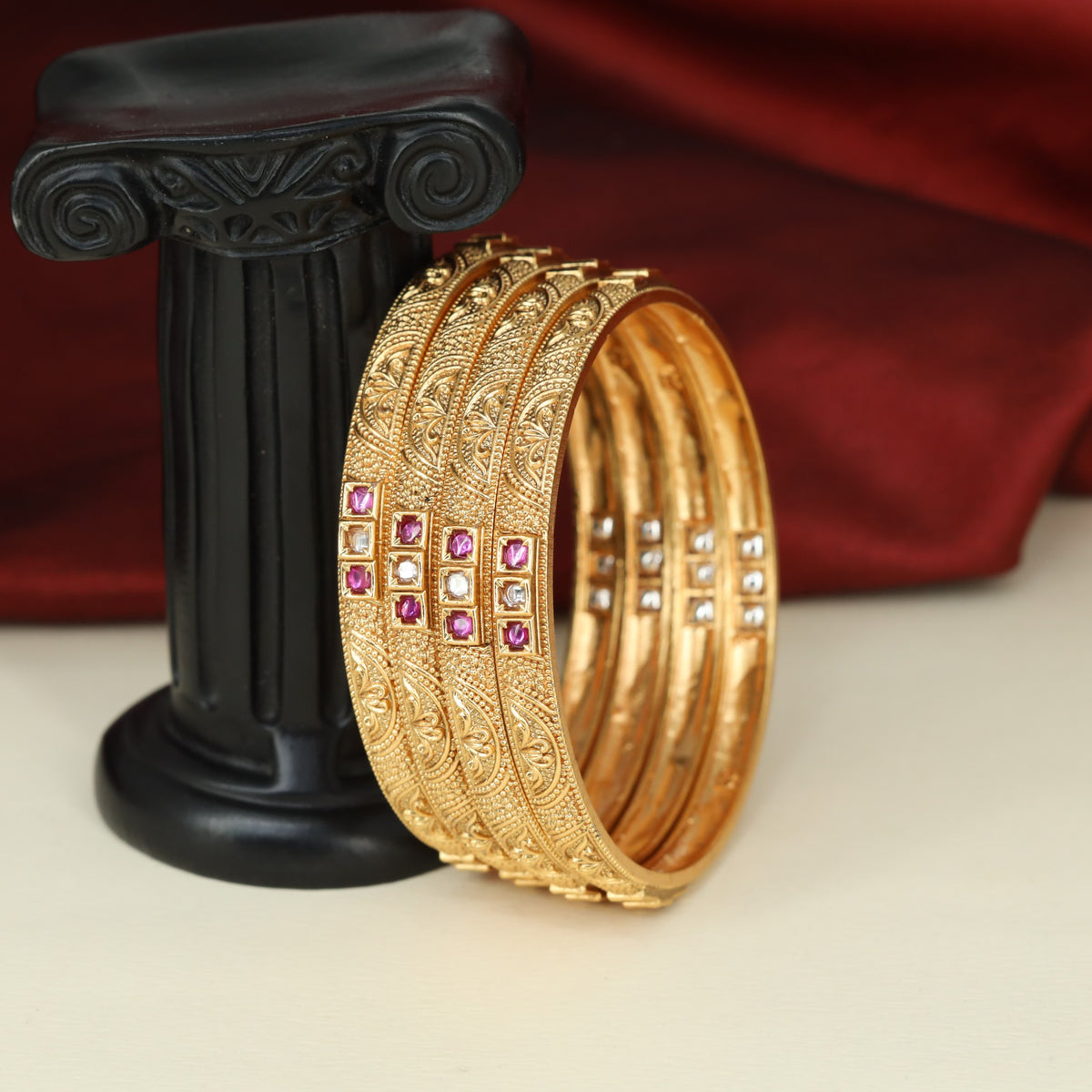 Traditional Antique Bangless with Fine Granulated Texture and Geometric Stone Rows