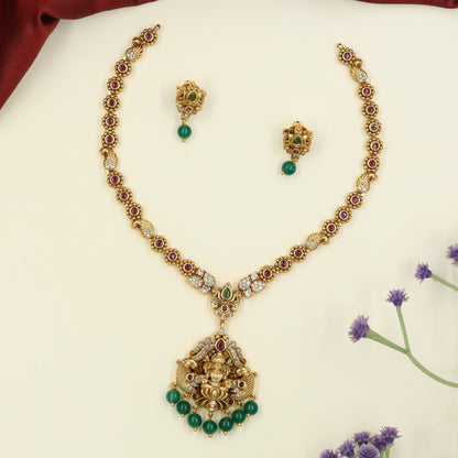 Traditional Antique Necklace featuring Detailed Lakshmi Pendant and Beaded Accents
