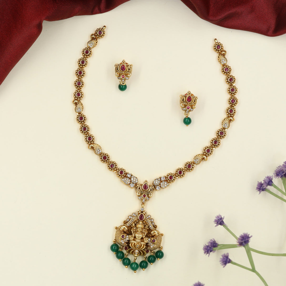 Lakshmi Floral Antique Necklace Set with Green Drops